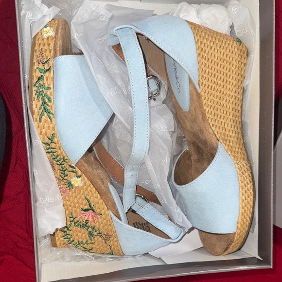 Style & Co. Shoes - Style & Co. Blue Floral Embroidered Wedges